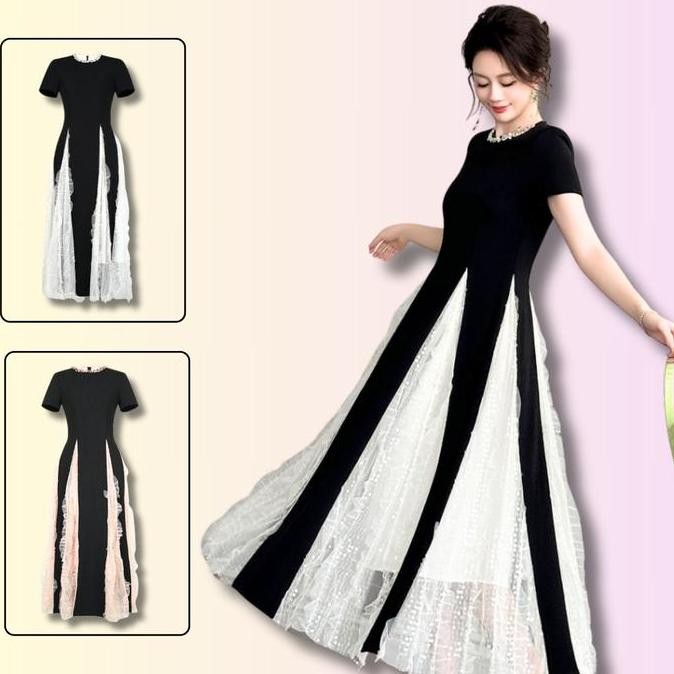 Folady - P692 Dress Maxi Baju Wanita Lengan Pendek Hiasan Mutiara Bagian Leher Kerah Bulat Mewah Ele