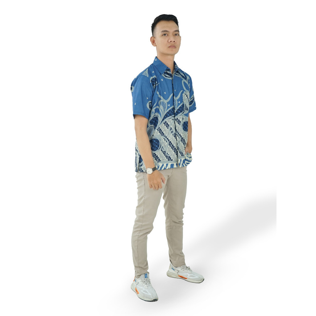 BATIK ASLI CIREBON Hem Batik Pria Kemeja Lengan Pendek Batik Liris ULR Biru BUL