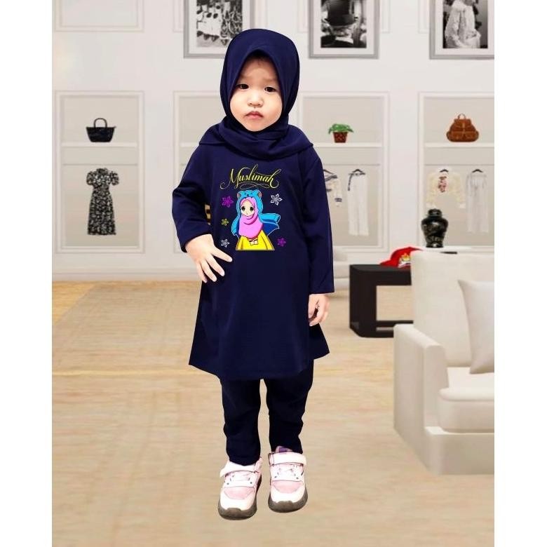 setelan tunik muslim anak/setelan baju pengajian/umur 4-13 tahun Free Kerudung