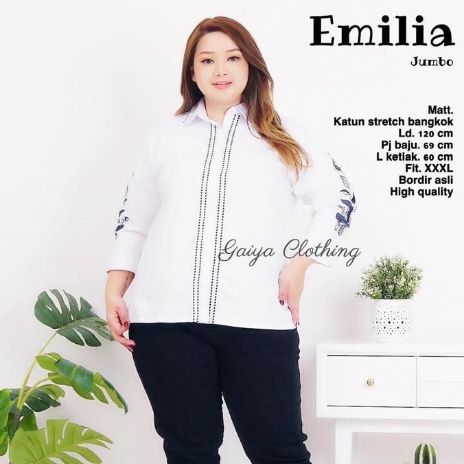 Promo EMILIA JUMBO - KEMEJA PUTIH BORDIR WANITA Katun Stretch Atasan Baju Kerja COD