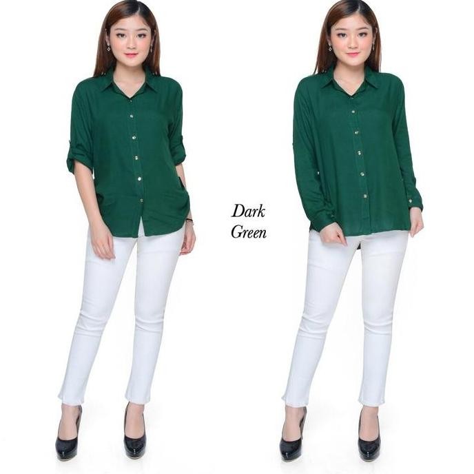 Promo Atasan Kemeja Wanita Terlaris Basic Rayon Hijau Botol fit to XL COD