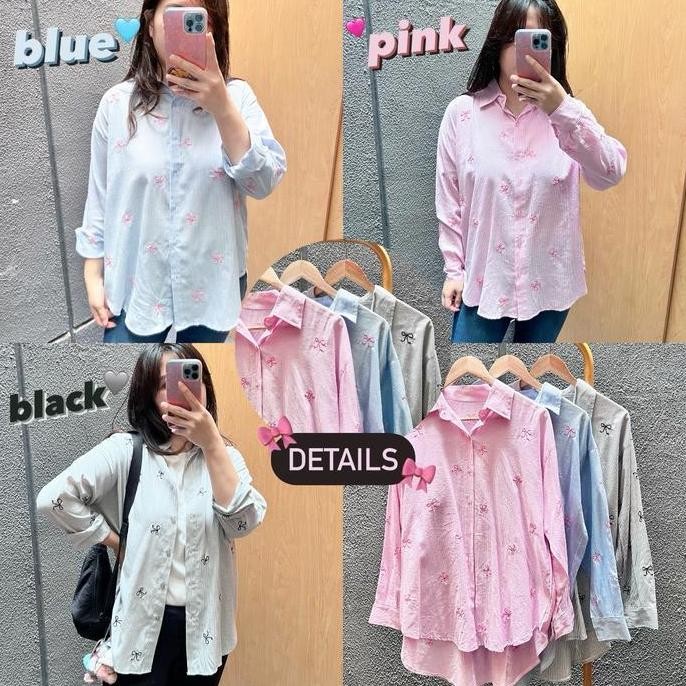 Promo KEMEJA KATUN FULL BORDIR KEMEJA WANITA HITAM PUTIH OVERSIZED TANGAN PANJANG Motif PITA RIBBON 