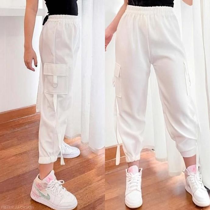 Promo Celana Cargo Wanita Scuba Jogger Pants Hitam Putih Stretch Premium COD