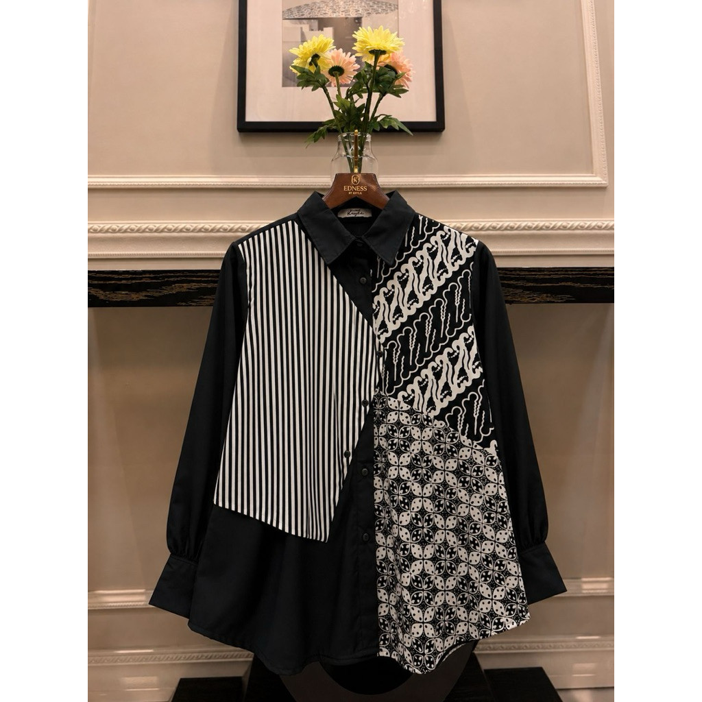 Kemeja katun ima tuyobo mix batik garutan Model vest ada kancing(rompi sebelah menyatu) Batik lapis 