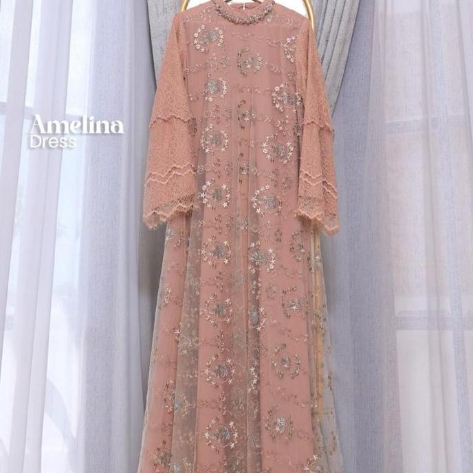 TAMPIL MODIS  AMELINA DRESS BY MAREVI/gamis std jumbo/gamis brukat lace/raya collection/bisa cod TAM