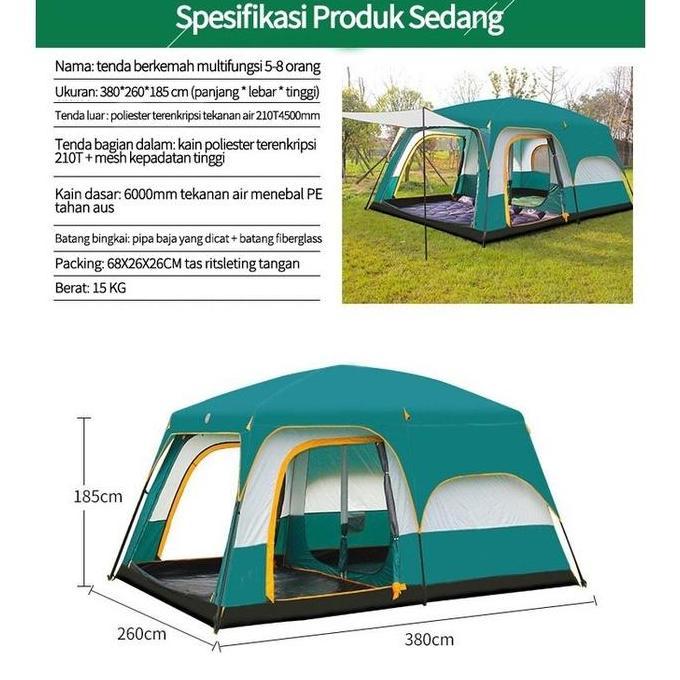 Tenda Camping 4-6 Orang Portable Waterproof Camping Tent Ruang Besar Uv Protect Ventilasi Tenda 6-8 