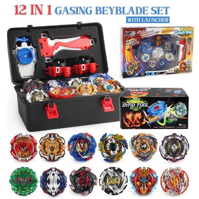 READY  12Pcs Gasing Mainan Anak Spinning Tops Launcher Gyro Toy Set Battle Gyro Game Set dengan 12 M