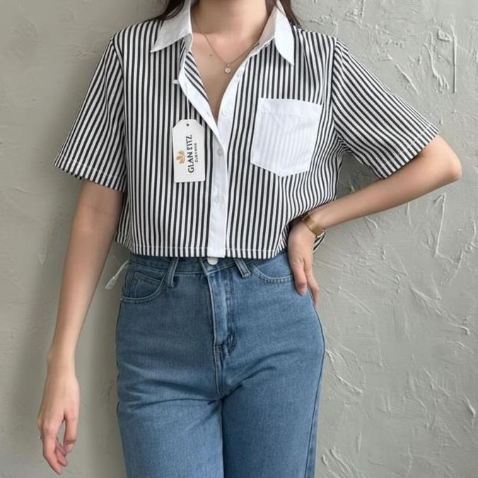 Prety- Glam- Sivali Gia Stripe Shirt || Croptop Stripe Shirt Kemeja Wanita Salur Lengan Pendek Atasa
