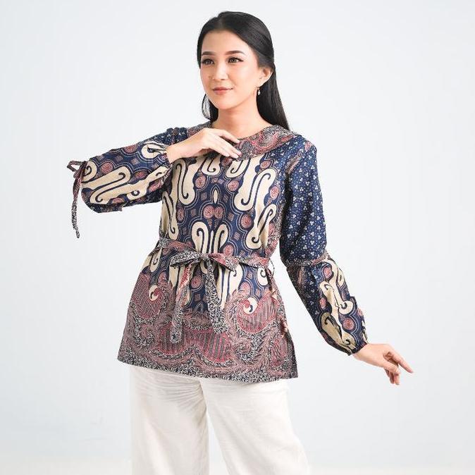 [CUCI GUDANG] Batik Trusmi Blouse Batik Atasan Wanita Motif Liris Kombinasi Satya Baju Katun Panjang