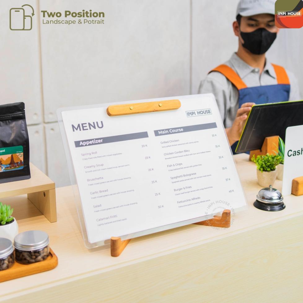 Inpi House Menu Board, Stand - Tempat Papan Menu - A3 Landscape & Portrait - Kayu + Akrilik