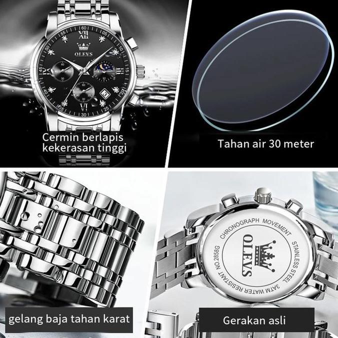 Bw- Olevs Jam Tangan Pria Anti Air Stainless Steel Chrono Aktif Cowok Luminous Kalender Analog Men T
