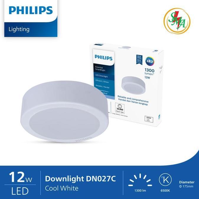 Lampu Plafon Philips 12 Watt  12W LED Downlight D027C Hemat Energi & Tahan Debu Outbow Bulat - Cahay