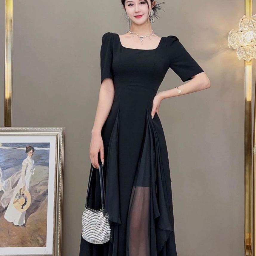 Fan Dress Pesta Hitam Mewah Elegan/Dress Hitam Korea/Long Dress Hitam Polos