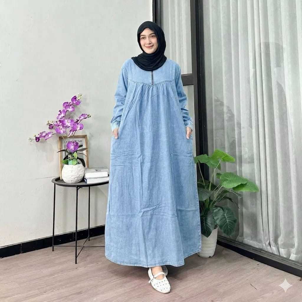 Gamis Jeans Muslim Kekinian 2026 - Dress Denim Busui Friendly Resleting Depan - Baju Muslim Wanita L