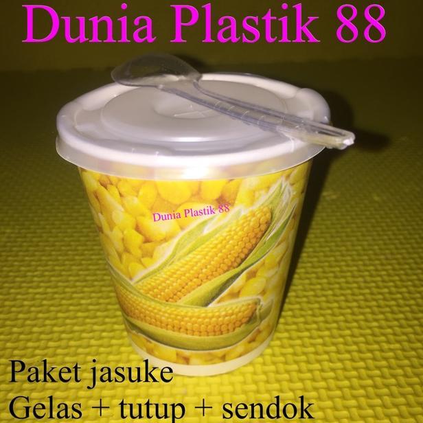 Isi 50Set Paket Jasuke Gelas Kertas Paper Cup 6,5oz + Tutup + Sendok Jagung Pop Sweet Corn Popcorn