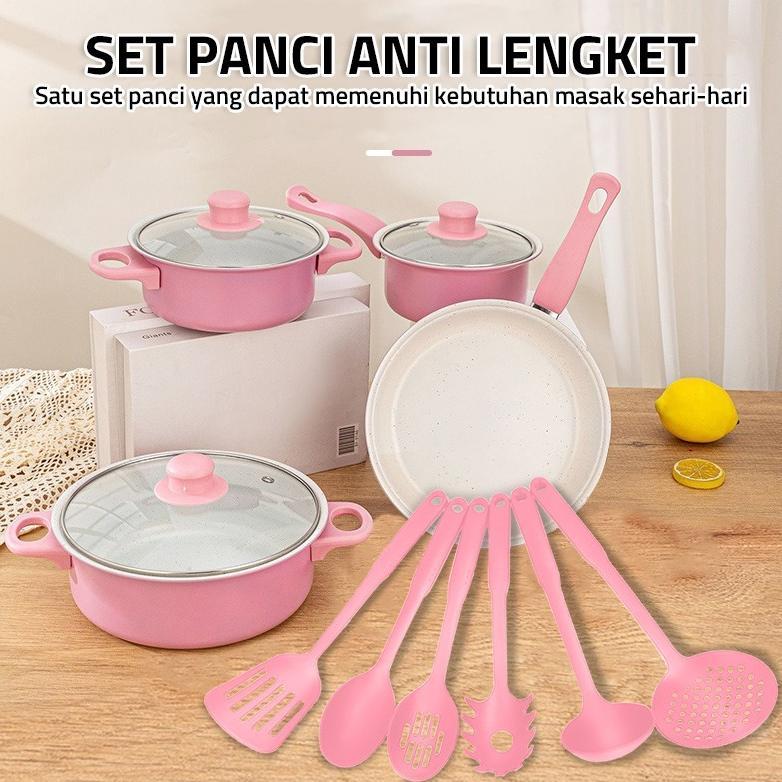 GM Bear Set Panci dan Spatula Merah Muda 2193 - Wajan Penggorengan Spatula Set Frypan Saucepan