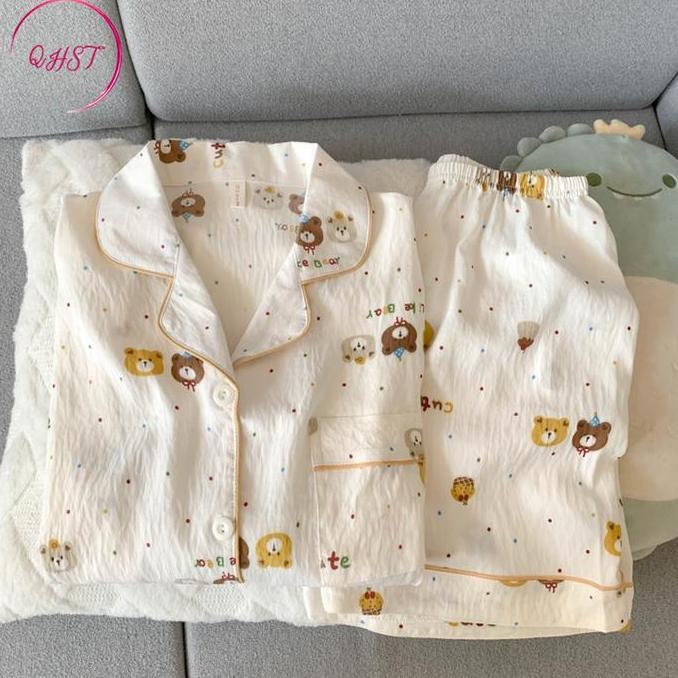 QHST Piyama Set Wanita Satin Tiga Beruang Kecil | Lengan Pendek Celana Pendek | Baju Tidur Wanita De