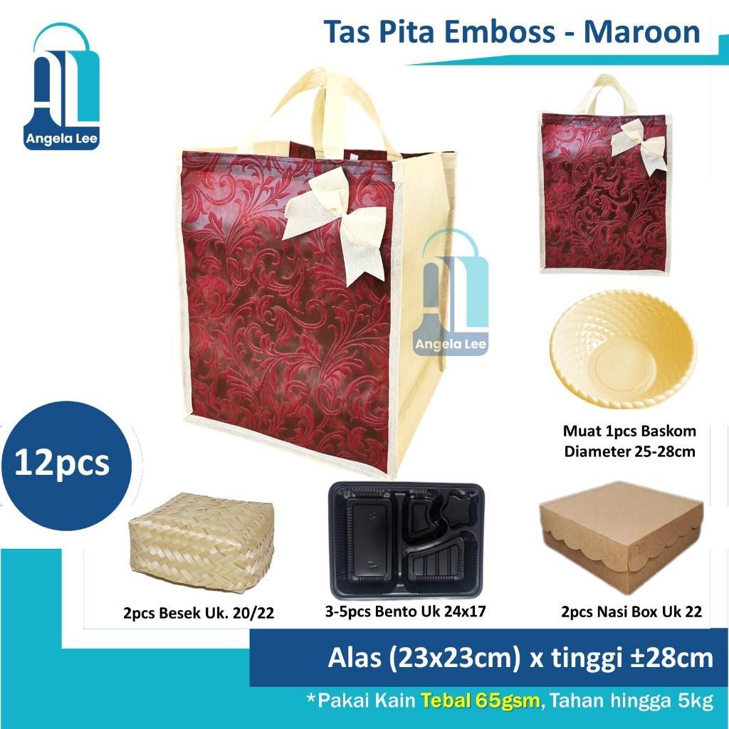 12Pcs Tas Kain Emboss Serut Pita Motif Mewah Berkatan Hajatan 22X22Cm