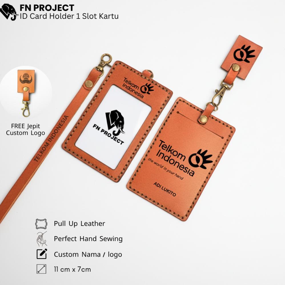 ID CARD KULIT SAPI ASLI 1 KARTU CUSTOM GANTUNGAN LANYARD NAMAETAG HOLDER CUSTOM LOGO ASN, PNS, BUMNS