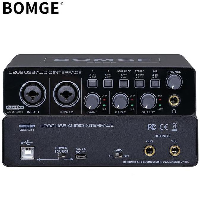 BOMGE U202 Audio Interface SoundCard USB dengan Mikrofon Preamplifier Port XLR/TSR/TS, Resolusi 48V,