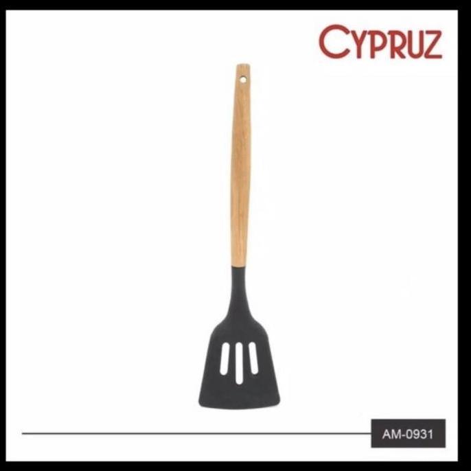 Kuchi- Cyprus Spatula Silicone Turner Lubang Am-0931/Sodet Sutil Silikon Kayu Hitam Kitchenre