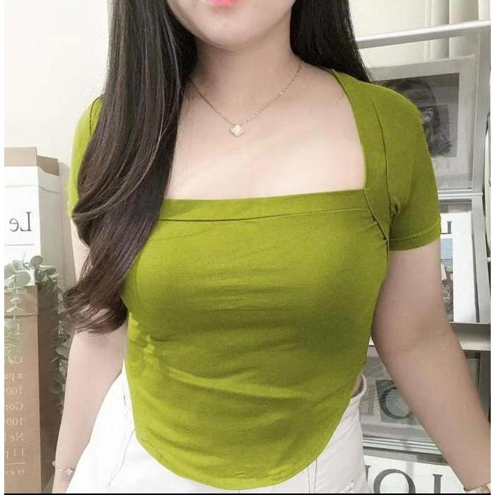 FD fashion / crop top korea squere / neck oval lengan pendek / kaos crop top 6032