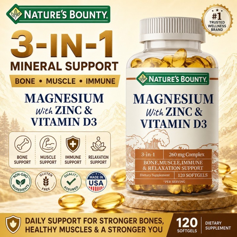 Nature's Bounty Magnesium with Zinc & Vitamin D3 120 Softgels Suplemen Magnesium Zinc D3 Otot Tulang