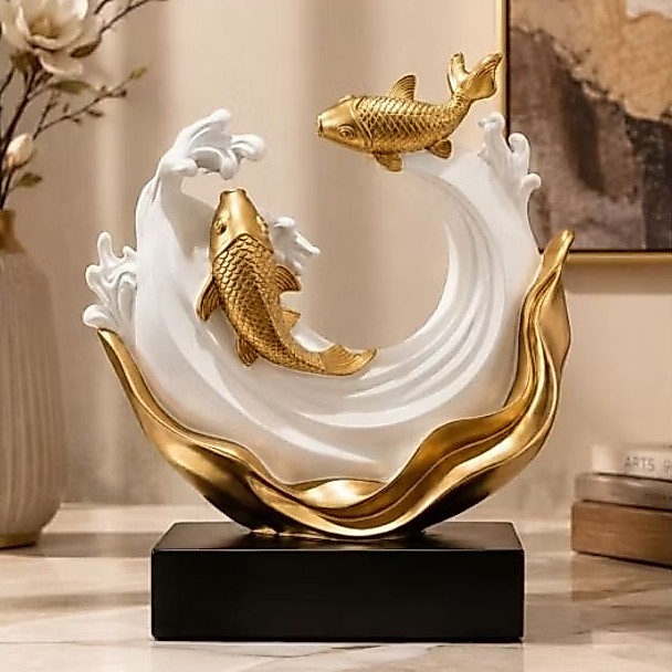Golden Koi Fortune Sculpture | Luxury Resin Home Decor