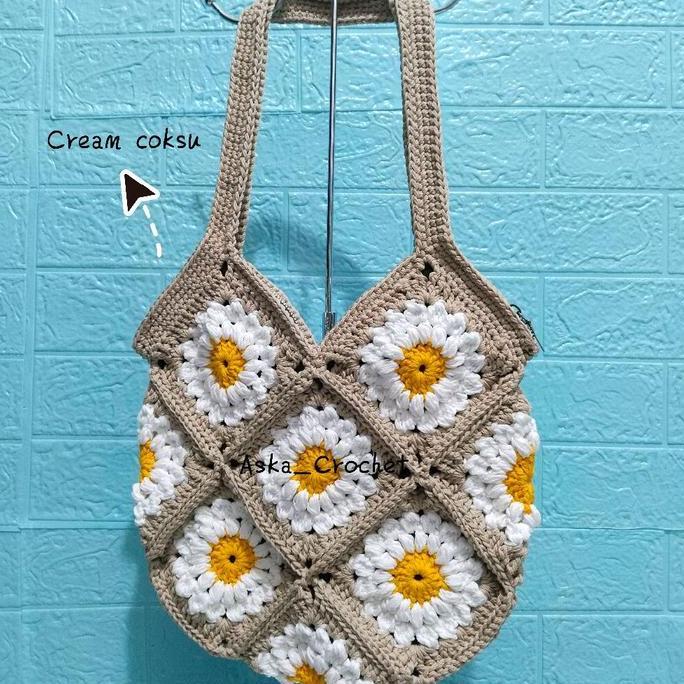 Ready stok crochet tote bag granny square sunflower HSD