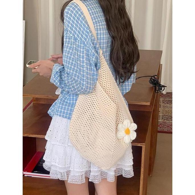 Sling Bag Rajut Fashion Casual dengan Aksen Bunga Cantik HSD
