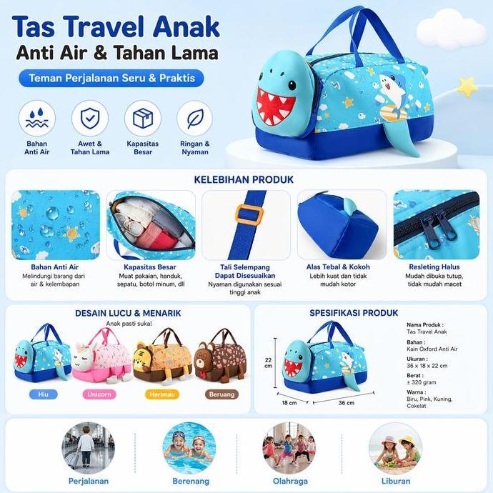 YOUNGWE Tas Travel Anak Karakter Hewan Lucu Duffel Bag Anti Air Waterproof Selempang Jinjing Slempan