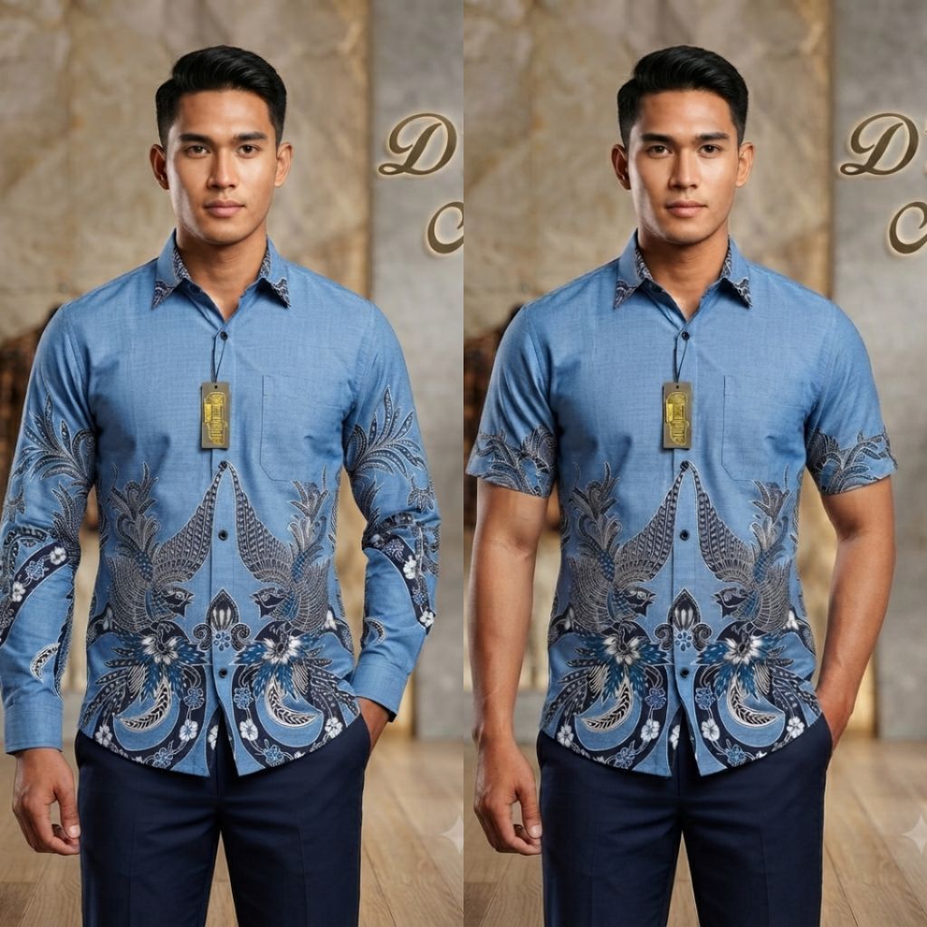 Kemeja Batik Pria Warna Biru Langit / Biru Muda Modern Lengan Pendek & Panjang Motif Kombinasi Elega