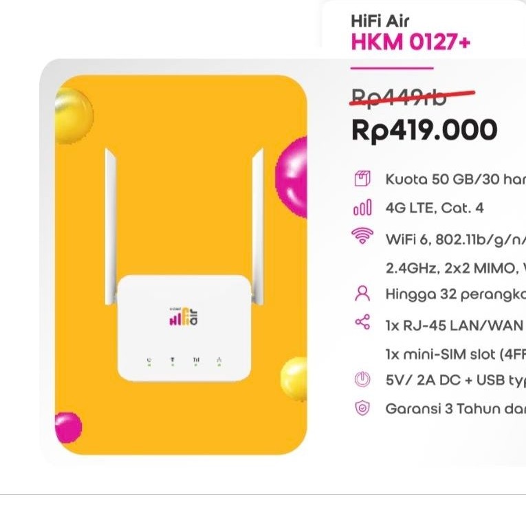 Modem/Router Hifi Air Indosat 4G Kuota 50GB Kartu Indosat Tri Tinggal Pakai