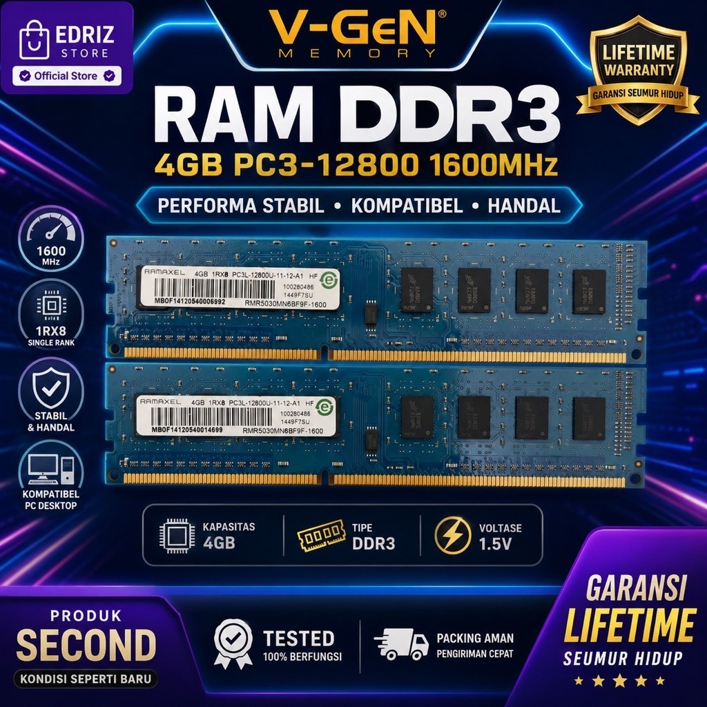 RAM DDR3 4GB PC3L 12800U 1600MHz Desktop RAMAXEL 1Rx8 PC3L-12800 Second Tested