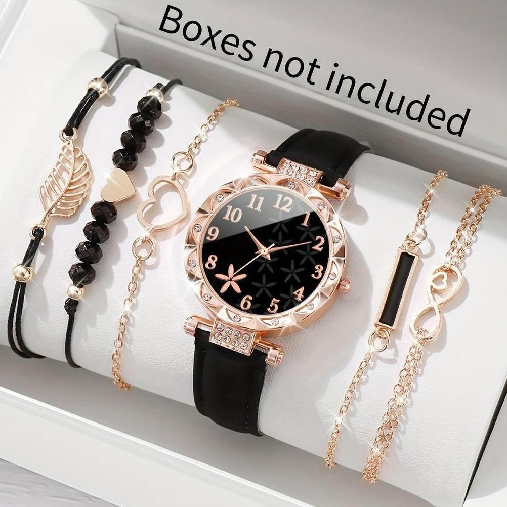 Premium 5PcsIns Jam Tangan Kuarsa Wanita Wanita Bunga Kuarsa Jam Tangan Arab Digital Dial Gelang Set