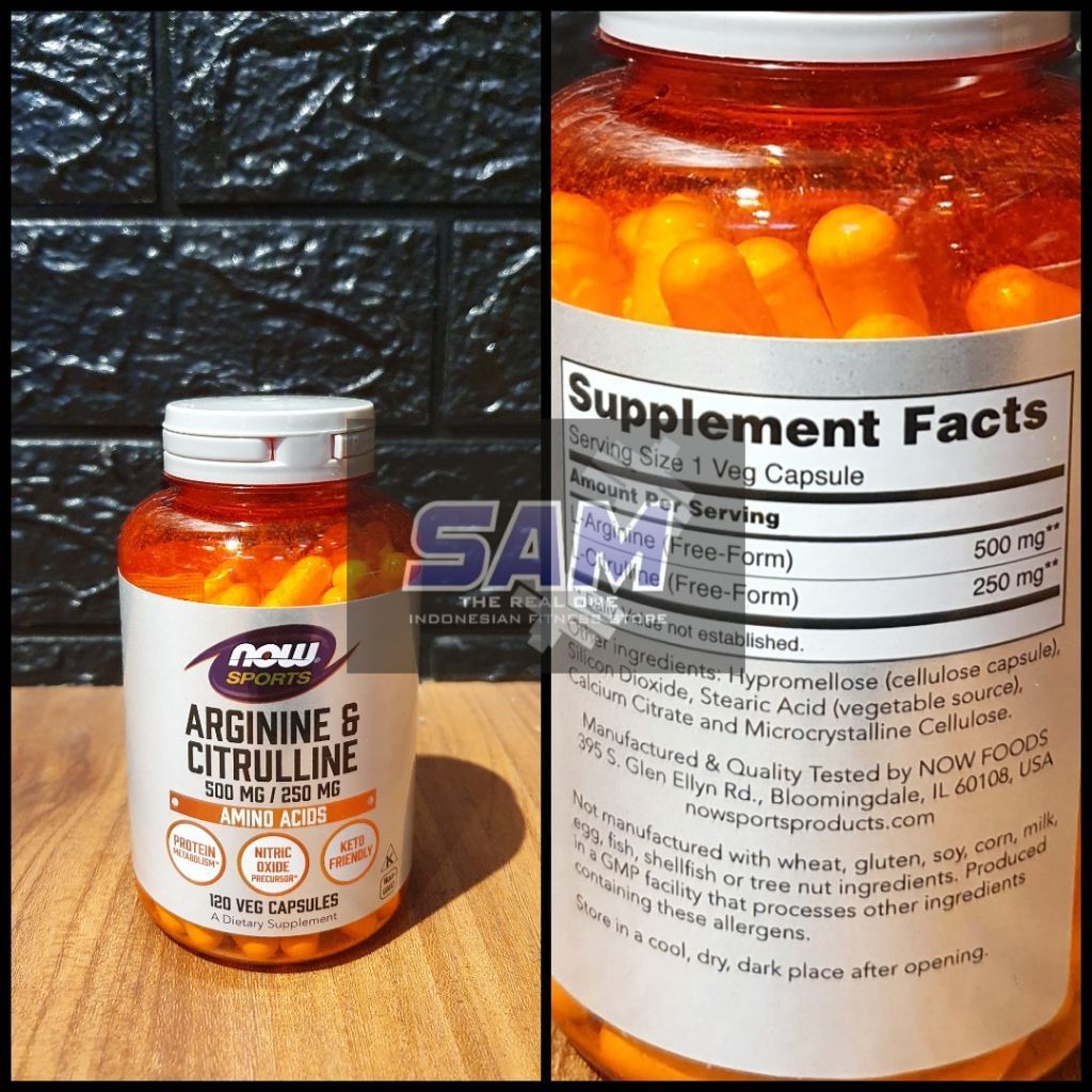 Suplemen Fitness NOW Arginine Citrulline 120 kapsul Pre Workout Nitric Oxide