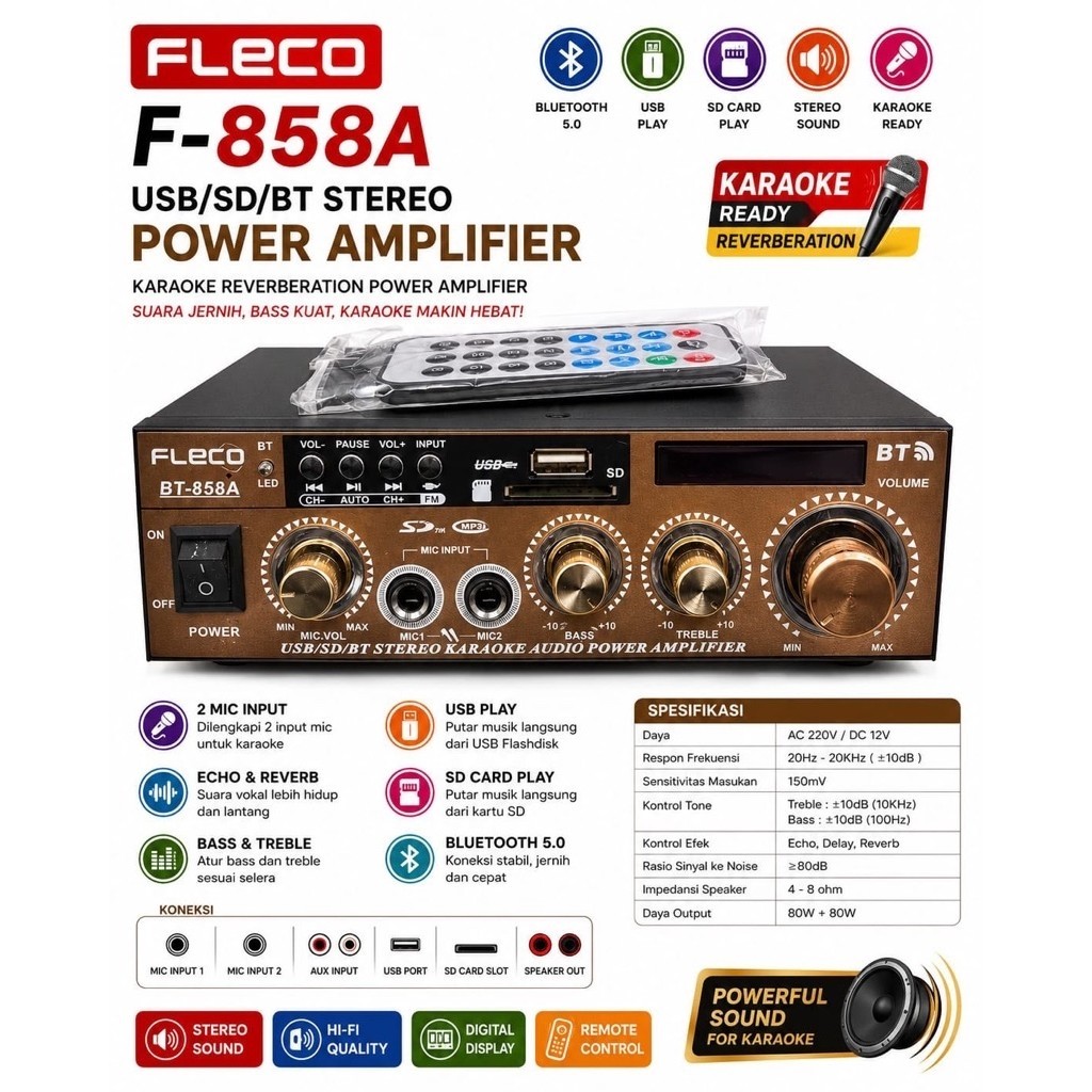 mini ampli amplifier karaoke Fleco BT 858A USB BLUETOOTH MP3 FLECO 858 A AC DC