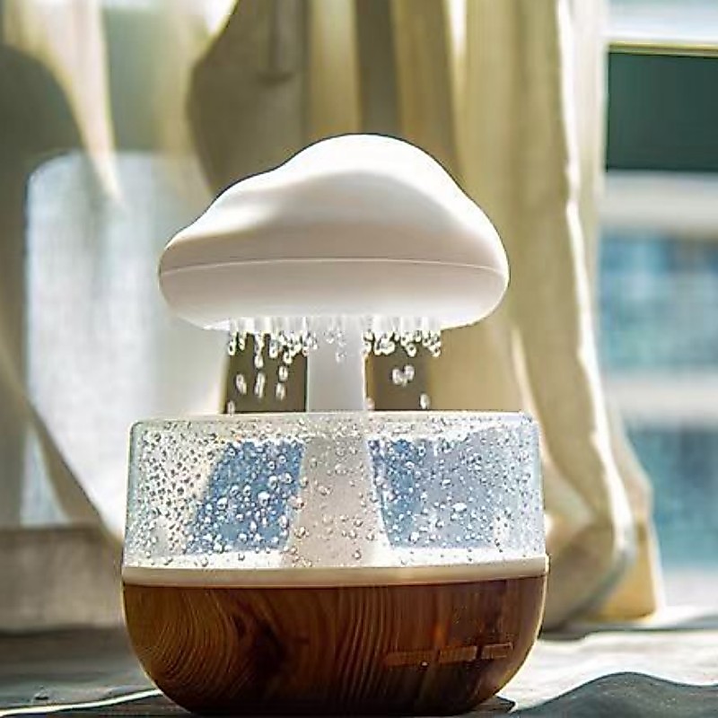 Mushroom Cloud Rain Lamp Changing LED Tabletop Fountain with Water Drip Sounds USB Rechargeable Desk