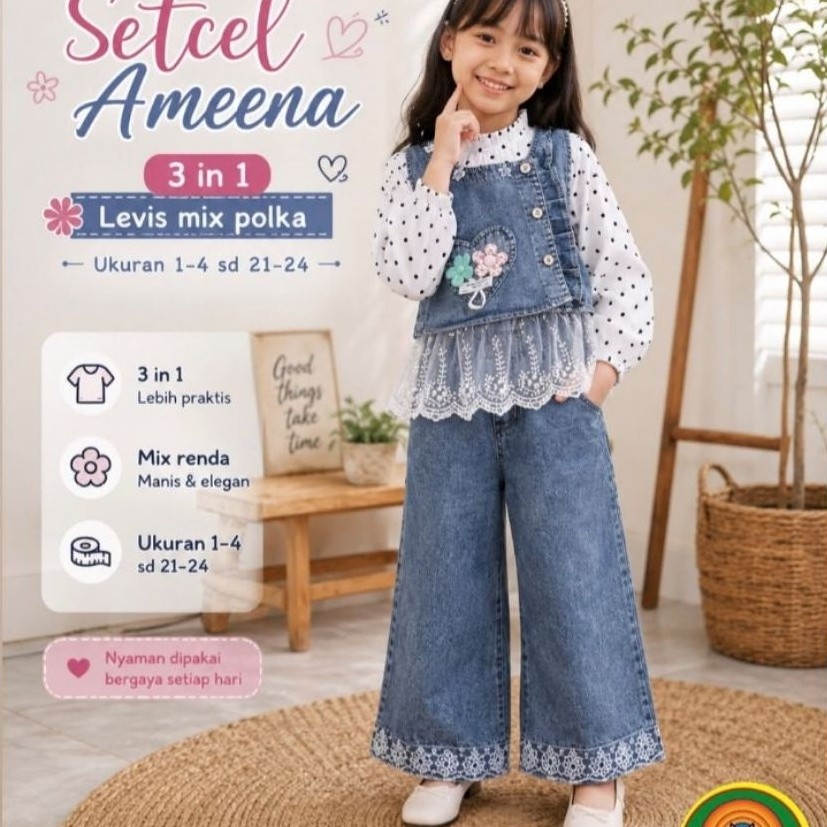 Setelan Jeans anak Amena 3in1 motif Polka