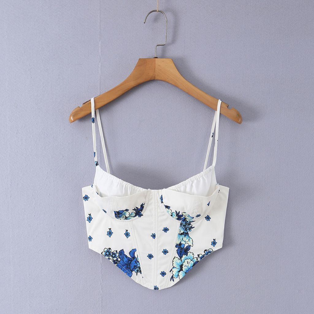 Crop top korset bunga biru putih