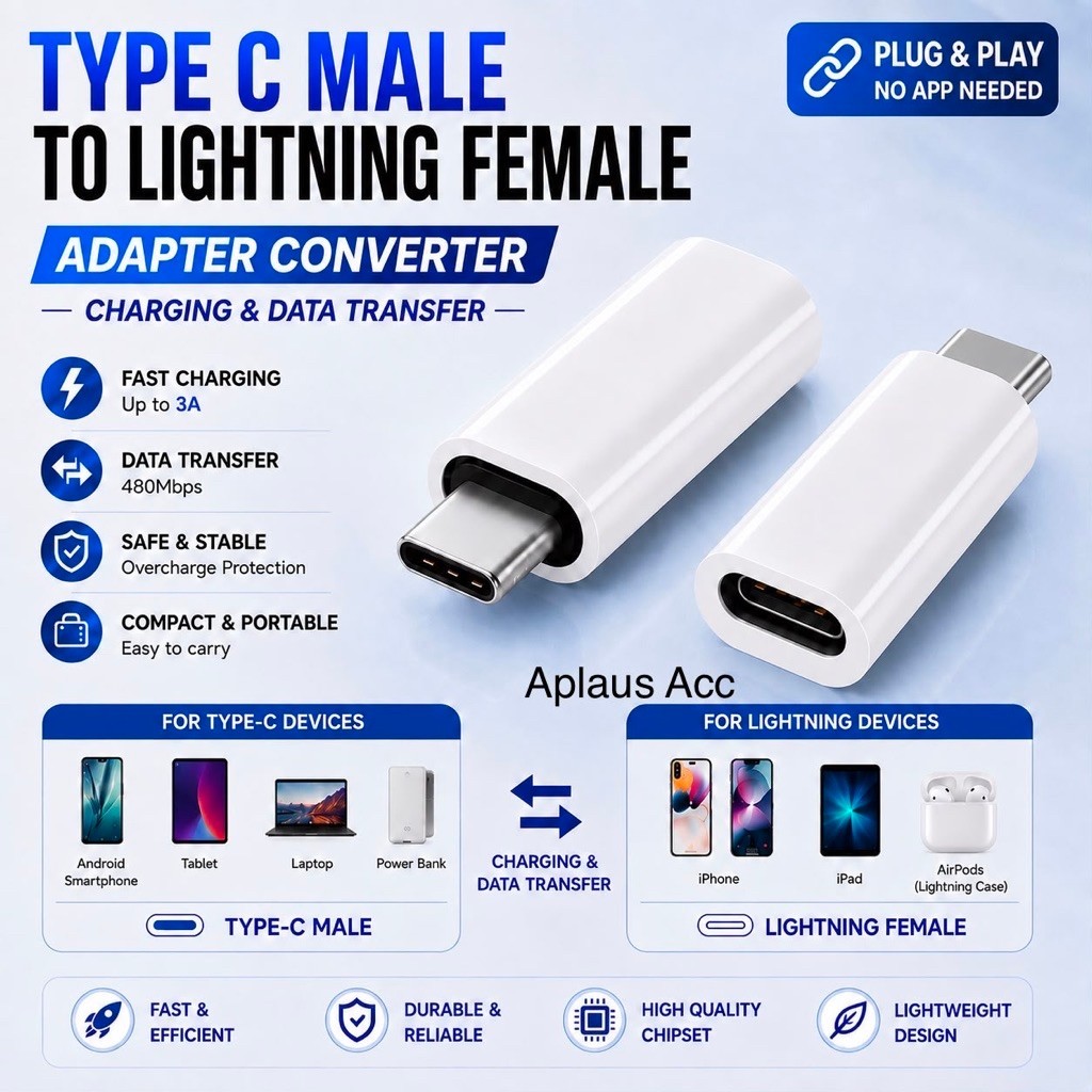 Adapter Converter Type C Male to Lightning Female USB C to Lightning Konverter Fast Charging & Data Transfer
