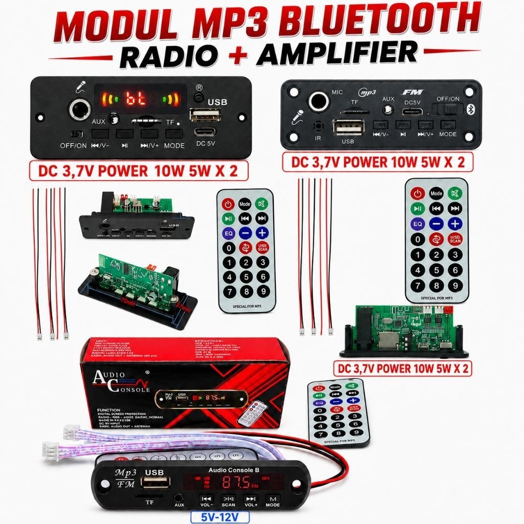AUDIO CONSULE MODUL BLUETOOTH/MP3/ USB MUSIK RADIO KARAOKE 5V-12V AMPLIFIER POWER LANSUNG SPEAKER PA