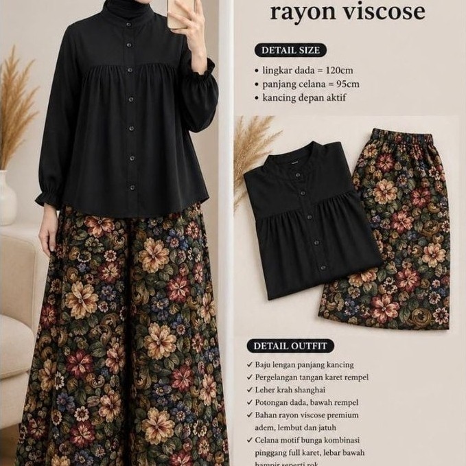 Adinda Set Kulot Rayon Kombinasi Polos Bunga (Athaya)
