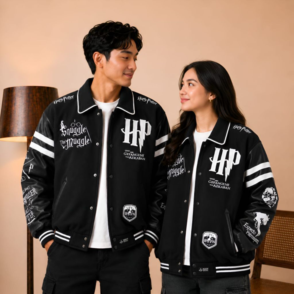 Jaket Varsity Hogwarts Monochrome Premium Blackseven | Jaket Harry Potter Full Bordir Pria Wanita