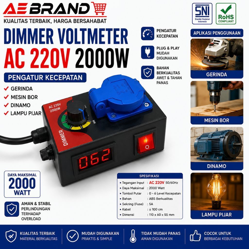 AEBDG DIMMER AC VOLMETER 2000W PENGATUR KECEPATAN DINAMO MESIN BOR MESI  GERINDA HEATER/ DIMMER DIGI