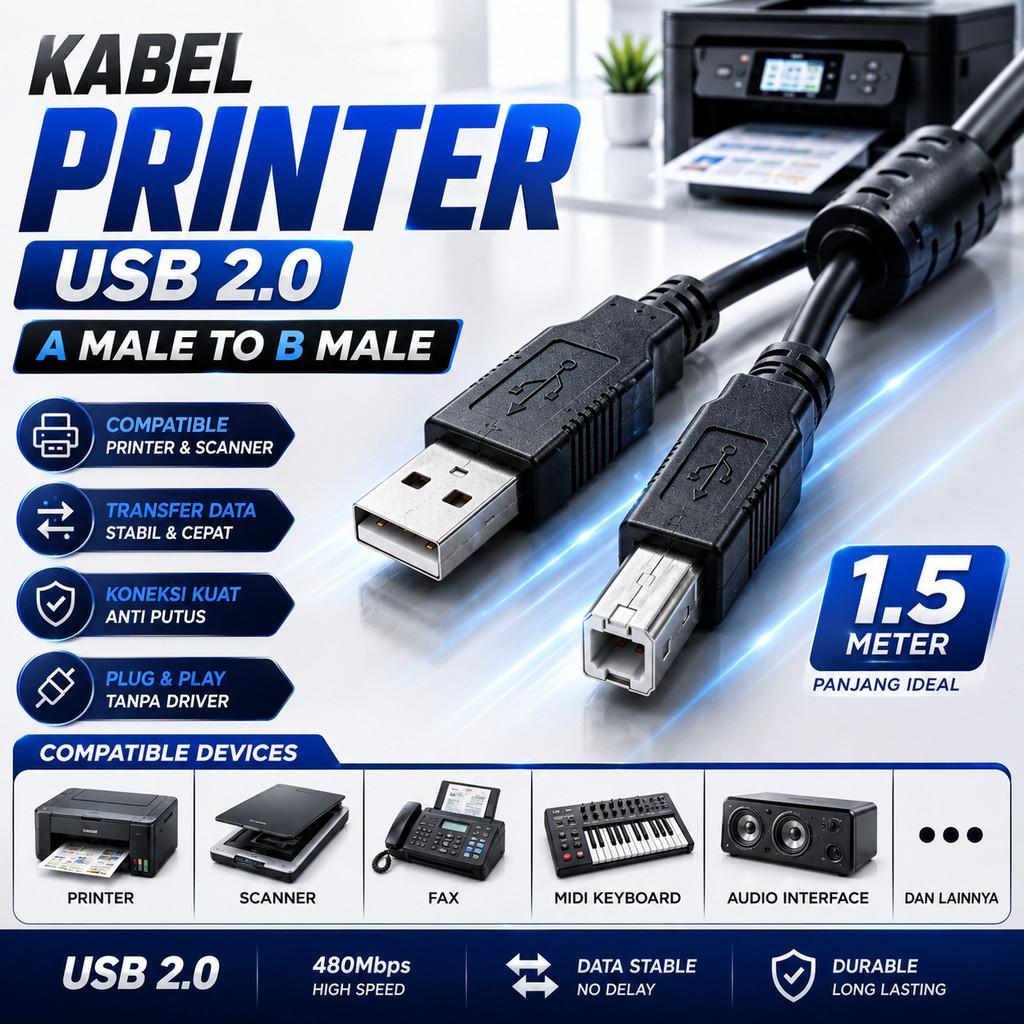 Kabel Printer USB 2.0 A Male to B Male 1.5M Hitam untuk Epson Canon HP Brother Scanner Mesin Kasir P