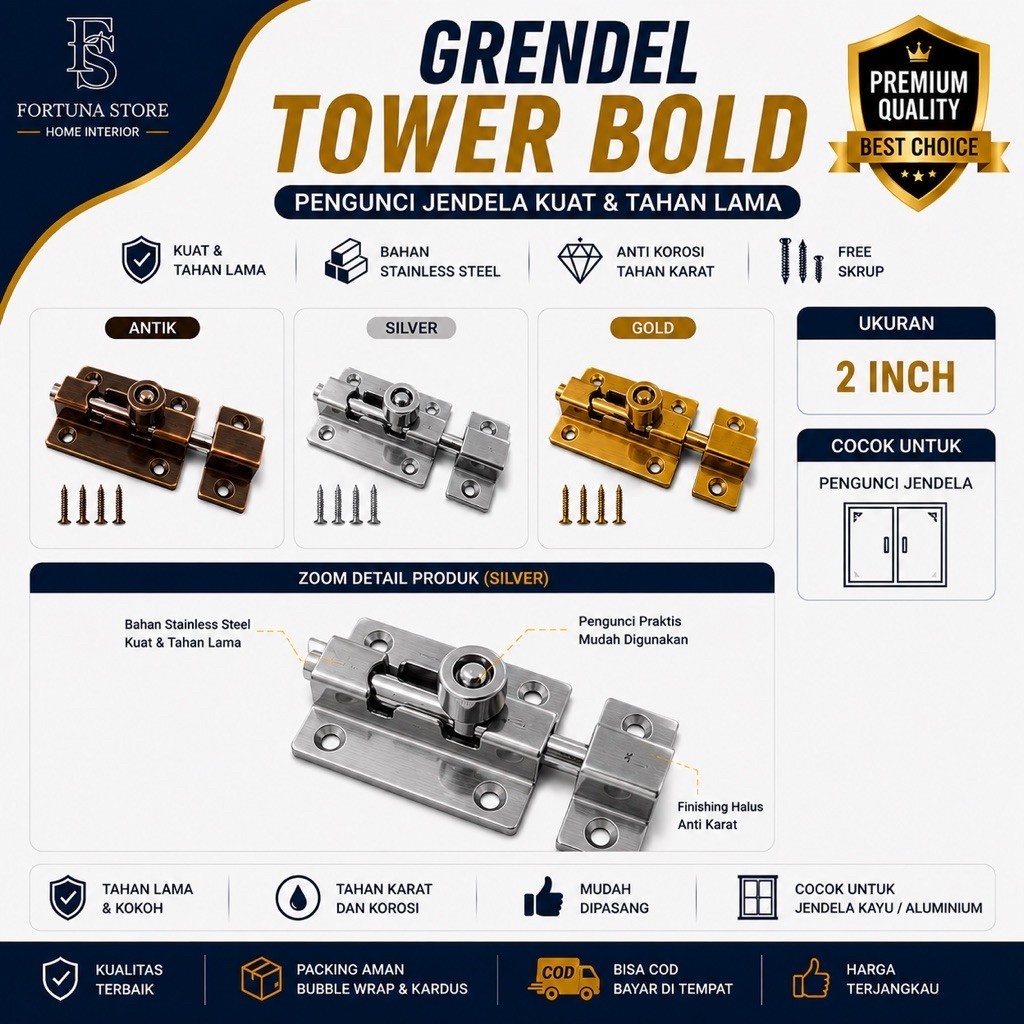 Pengunci Jendela Grendel Tower Bold 2 Inch, Silver Gold Antik, Stainless Steel Anti Korosi untuk Jen