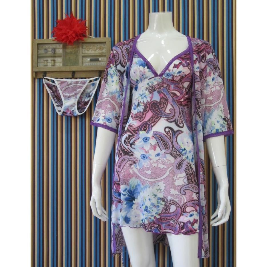 Premium Kimono Lingerie Transparan Motif Set Celana (3 In 1) L197 Gaun Malam Wanita Daster