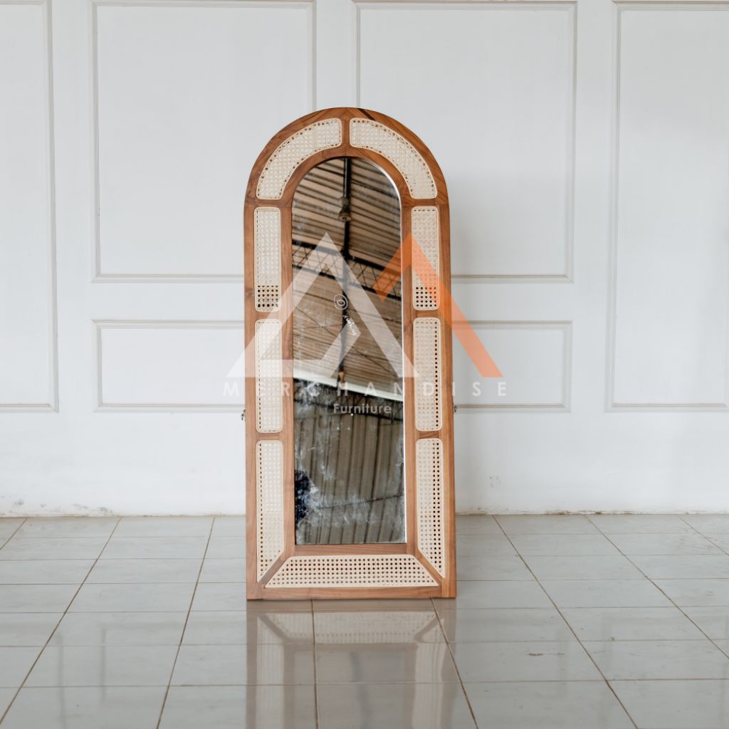 Standing Mirror Kaca Cermin Full Bodi - Bahan Kayu Jati Mix Rotan - Cermin Pigura Rotan Minimalis