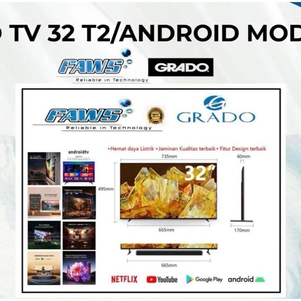 TV  Faws 32 Inch T2 Android TV dengan Hemat Daya Listrik